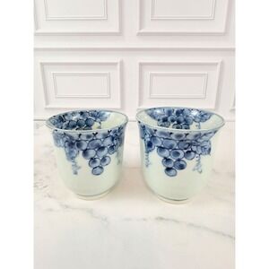 PAIR (2) Hand Painted Porcelain Teacups Japan Blue White Mino Ware Grape Motif